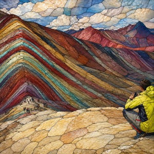 May include: A vibrant landscape painting depicting a person in a bright yellow jacket crouching on a rocky ledge, photographing a mountain range with distinct, multi-colored geological strata in shades of red, orange, yellow, and teal.