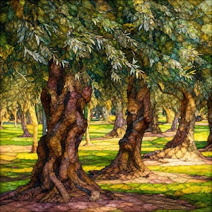 May include: A mosaic-style artwork depicting an olive grove with two prominent, gnarled brown tree trunks in the foreground. The canopy features dense green and yellow leaves, while the ground is covered in a patchwork of yellow and green tiles.