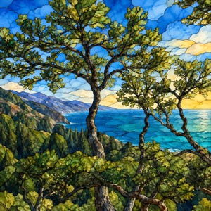 May include: A stained glass style artwork depicting a coastal landscape with dark green trees in the foreground, a deep blue ocean, and distant mountains under a sky filled with blue, yellow, and white segments separated by dark lead lines.