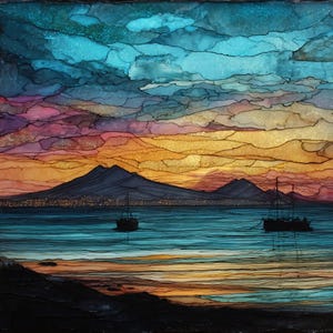 May include: A stained glass art piece depicting a coastal sunset with a dark mountain silhouette, two small boats on the water, and a vibrant sky transitioning from deep blue to orange and pink hues, featuring intricate black lead lines throughout.