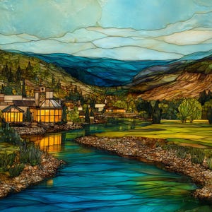May include: A stained glass panel depicting a landscape with a river flowing through a rocky terrain toward a building with illuminated windows. The scene features blue mountains in the background, green trees, and a sky with layered glass textures.