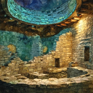 May include: An interior view of a circular stone structure featuring rough-hewn tan and beige masonry walls. A large, arched opening at the top reveals a vibrant blue sky, while deep shadows and golden light highlight the textured stone surfaces.