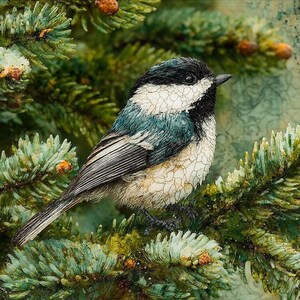 May include: A black-capped chickadee with a black head, white cheeks, and a textured, crackled-effect body in shades of white, gray, and blue, perched on a detailed green pine branch with small brown pinecones and needles.