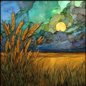 May include: A square art print featuring a golden wheat field under a dark, swirling sky with a bright yellow moon. The foreground displays detailed stalks of wheat in shades of amber and gold, set against a backdrop of deep blue and green clouds.