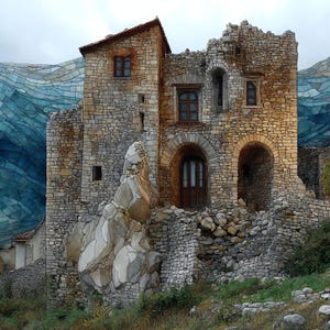 May include: A stone building with a weathered facade, featuring arched doorways, rectangular windows, and a textured exterior. The structure is integrated with large, stylized rock formations and a blue, mosaic-like pattern in the background.