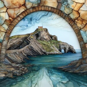 May include: An artistic rendering of a coastal landscape featuring a stone arch framing a view of a small building atop a rocky island. A winding path leads to the building, with the sea and sky in shades of blue and green. The arch is made of stone.