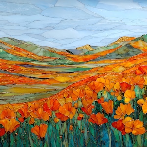 May include: A vibrant landscape painting featuring rolling hills and a field of orange flowers. The artwork uses a mosaic style with shades of orange, green, and blue, creating a textured and colorful scene. The sky is a light blue with cloud-like patterns.