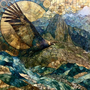 May include: A mosaic-style artwork depicting a large Andean condor in flight over the ruins of Machu Picchu. The scene features a circular golden celestial map in the background, rugged mountain peaks, and a flowing river, all rendered in stained glass.