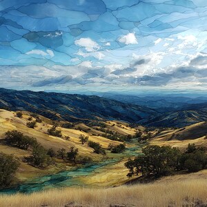 May include: A landscape art print featuring rolling golden hills and a winding turquoise stream under a blue sky with white clouds. The image has a stained glass effect with dark outlines separating the various color segments of the terrain.