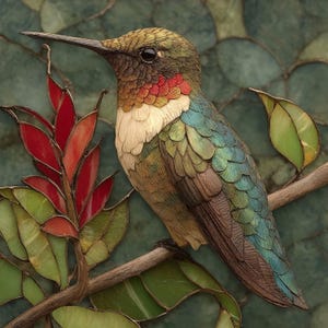 May include: A stained glass wall art piece featuring a hummingbird perched on a branch. The bird has iridescent green, blue, and brown feathers with a red throat patch. Beside it are red and green glass leaves against a dark green background.