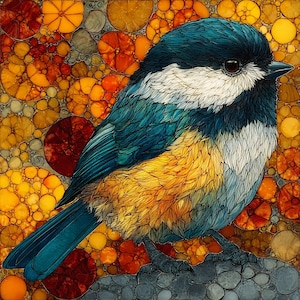 May include: A detailed illustration of a small bird with a black head, white cheeks, and a dark blue back. The bird has a bright yellow chest and underbelly, with dark gray feet perched on a textured gray surface against a background of orange circles.