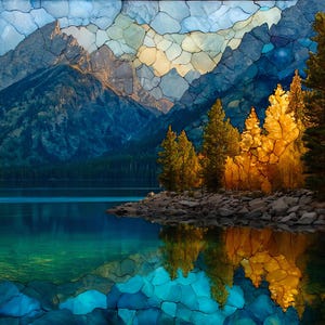 May include: A stained glass mosaic wall art piece depicting a mountain landscape with a lake in the foreground. The scene features jagged blue and white mountain peaks, golden yellow trees on a rocky shoreline, and a deep blue lake reflecting the scenery.