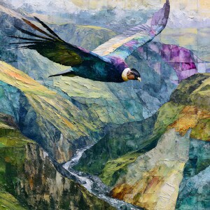 May include: An oil painting depicting a condor in flight over a deep mountain valley. The bird features dark plumage with a white neck ruff. The landscape below shows rugged green slopes, rocky cliffs, and a winding river in a textured style.
