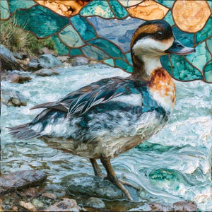 May include: A painting of a duck with brown, white, and black feathers standing in a rushing stream with rocky banks. The background features a stained-glass style pattern in shades of teal, blue, and amber with a circular sun-like emblem.