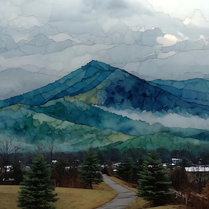 May include: A landscape artwork featuring a mountain range with blue and green watercolor-style washes, layered beneath a cloudy sky. In the foreground, a paved path leads through a grassy field with evergreen trees on either side of the trail.