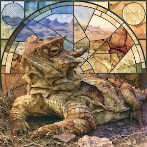 May include: A detailed illustration of a horned lizard with textured, tan and brown scales, positioned in front of a circular stained glass window featuring a desert landscape, mountain ranges, and geometric diagrams in the upper corners.