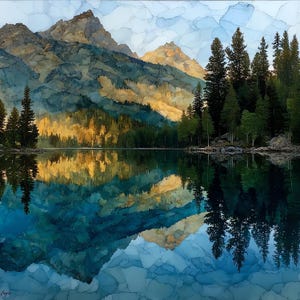 May include: A landscape painting featuring jagged, rocky mountains with golden sunlight hitting the peaks, reflected in a calm, deep blue lake. Tall, dark evergreen trees line the shore, creating a symmetrical composition with the water surface.