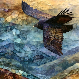 May include: A square wall art print featuring a dark-feathered vulture in flight against a stylized landscape. The background consists of geometric, stained-glass-like segments in shades of blue, gold, and brown, depicting mountains and a sun.