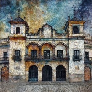 May include: Watercolor painting of a historic building with arched entryways and towers. The building is constructed of light-colored stone, with dark windows and balconies. The sky is a mix of blue, yellow, and brown hues.