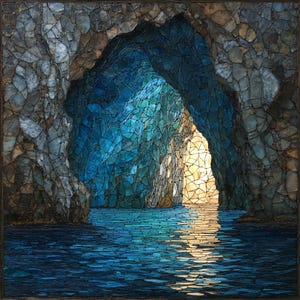 May include: A mosaic artwork depicting a sea cave with blue and turquoise waters. The cave's interior is illuminated by a warm, golden light, creating a striking contrast with the cool tones of the water and surrounding rock formations.