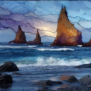 the sea stacks Ceramic Tile, Olympic National Park Wall Art, Stained Glass Wall Art, Olympic Travel Gift, Gift for Olympic Lover