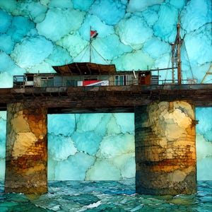 May include: A Sealand-style sea fort structure supported by two large, weathered, cylindrical concrete pillars rising from the water. The platform features a central building with a flat roof, a mast, and a red, white, and black flag against a sky.