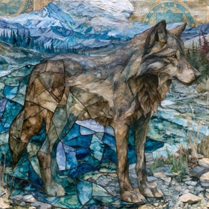 May include: A mixed-media artwork featuring a wolf standing in a landscape. The wolf's body transitions from realistic brown and gray fur to a geometric blue stained-glass pattern. The background shows blue mountains, trees, and celestial text.