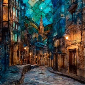 May include: An artistic rendering of a European street scene. The image features a cobblestone street lined with buildings, leading towards a church steeple. The sky is a mosaic of blues and greens, creating a stained-glass effect.