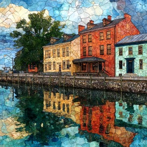 May include: A stained glass style artwork depicting a row of three multi-story buildings in yellow, red, and light blue along a waterfront. A large green tree stands beside the yellow building, and all structures reflect into the water below.