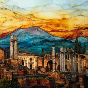 May include: An artistic rendering of ancient Roman ruins with towering columns and weathered brick structures. The background features a mountain range under a vibrant sky of orange, yellow, and blue hues, creating a dramatic landscape.