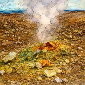 May include: A landscape painting depicting a geothermal vent emitting a plume of white steam. The terrain is composed of rocky, textured ground in shades of ochre, yellow, and green, with a distant blue horizon line under a cloudy sky.