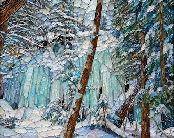 May include: A mosaic-style painting depicting a winter forest scene with tall brown tree trunks, snow-covered branches, and a frozen waterfall in the background. The composition features a textured, fragmented surface with shades of blue, white, and brown.