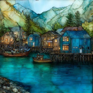 May include: A stained glass art piece depicting a coastal village with wooden houses on stilts, two fishing boats docked in turquoise water, and towering mountains in the background. The scene features warm glowing windows and detailed textures.