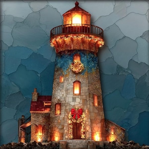 May include: A stone lighthouse with a glowing lantern room, decorated with illuminated Christmas garlands and a large red bow on the front door. The structure features multiple lit windows and a textured, multi-colored stone exterior facade.