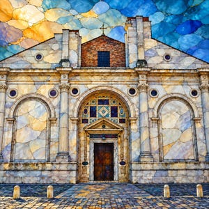 May include: A stone building facade featuring a central wooden door, arched side panels, and Corinthian columns. The structure is overlaid with a mosaic-like pattern of blue, yellow, and white shapes, topped by a cross and a blue and yellow sky.