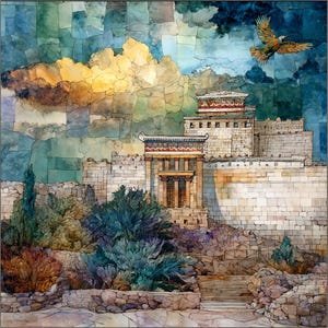 May include: A mosaic-style artwork depicts a stone structure with a detailed facade, columns, and a tiered roof. The scene includes lush greenery, a cloudy sky, and a soaring bird. The color palette features earthy tones, blues, and yellows.