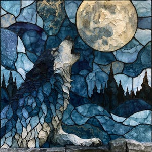 May include: A square wall art piece featuring a textured mosaic-style depiction of a wolf howling at a large, pale moon. The scene is composed of deep blue, navy, and white segments, with dark silhouettes of pine trees against a night sky.