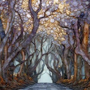 May include: An artistic rendering of a tree-lined path. The image features a mosaic-like style with a color palette of purples, browns, and gold. The trees form an archway over a stone path, leading to a bright, misty opening.