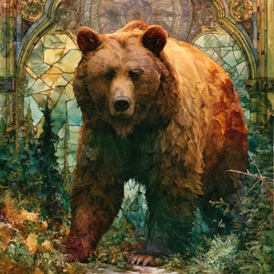 May include: A large brown bear stands in a forest setting with a stained glass window background. The bear has thick, textured fur in shades of brown and tan. The surrounding environment features green foliage, pine trees, and autumn leaves.