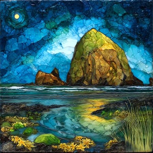 Haystack Rock Ceramic Tile, Oregon Wall Art, Stained Glass Wall Art, Oregon Travel Gift, Gift for North Coast Lover