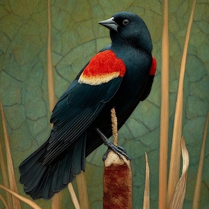 May include: A red-winged blackbird with glossy black plumage and a distinct red and yellow patch on its shoulder, perched upright on a brown cattail stalk against a textured green background with vertical reeds.