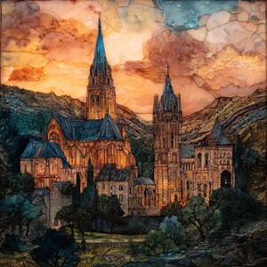 May include: An artistic rendering of a cathedral with multiple spires and towers. The artwork features a warm color palette with shades of orange, yellow, and blue, depicting a sunset or sunrise over the landscape. The cathedral is surrounded by trees and hills.