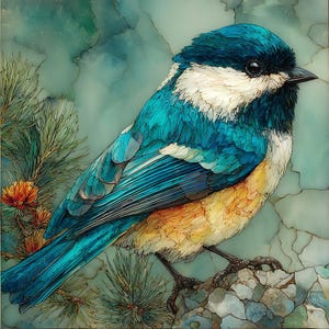 Yosemite mountain chickadee in a fir Ceramic Tile, Yosemite Wall Art, Stained Glass Wall Art, Yosemite Travel Gift, Gift for Yosemite Lover