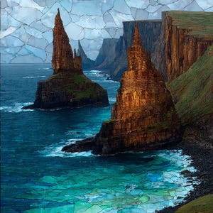 May include: A mosaic-style artwork depicting a coastal landscape with towering brown rock formations rising from deep blue and turquoise waters. The scene features jagged cliffs, a rocky shoreline, and a sky composed of fragmented light blue tiles.