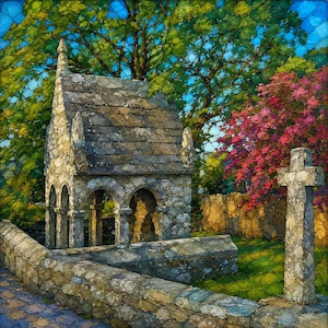 May include: A stone structure with a gabled roof and arched openings stands behind a low stone wall. A tall stone cross is positioned to the right. The scene is surrounded by green trees and a bush with vibrant pink flowers under a blue sky.