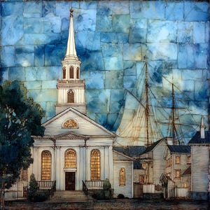 May include: A square wall art piece featuring a detailed illustration of a white church with a tall steeple and glowing windows, positioned next to a large sailing ship, all set against a textured, mosaic-style blue sky background.