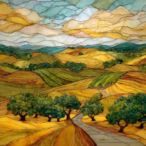 May include: A colorful landscape painting featuring rolling hills, a winding road, and trees. The sky is a mix of blue, yellow, and white, with the hills in shades of yellow and green. The road leads into the distance, creating a sense of depth.