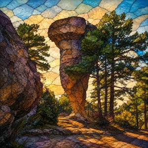 May include: A stained glass art piece depicting a tall, mushroom-shaped rock formation surrounded by green pine trees. The scene features a textured, multi-colored sky in shades of blue and yellow, with rocky terrain in the foreground.