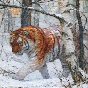May include: A mosaic artwork depicting a tiger walking through a snowy forest. The tiger features orange and black glass tiles, while the surrounding birch trees and ground are rendered in white, gray, and brown textured glass pieces with gold grout.