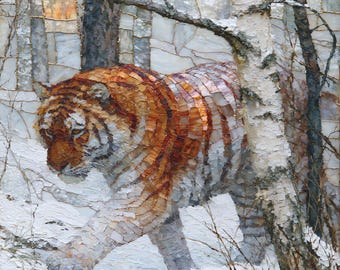 May include: A mosaic artwork depicting a tiger walking through a snowy forest. The tiger features orange and black glass tiles, while the surrounding birch trees and ground are rendered in white, gray, and brown textured glass pieces with gold grout.